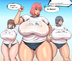 3girls ahoge athletic_female black_eyes bloomers breasts brown_hair buruma clothed_female clothing english english_text english_translation gigantic_breasts gym_bottomwear gym_uniform hair_ornament hips legs light-skinned_female momoka_(ponkotsuu) nipple_bulge nipples_visible_through_clothing open_mouth original original_character original_characters pink_eyes pink_hair plump ponkotsuu shiny_hair shiny_skin smile speech_bubble thick_body thick_legs thick_thighs thighs track_and_field venus_body wide_hips