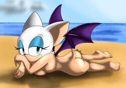 1girls ass_up bat bat_wings beach female female_only laying_down looking_at_viewer rear_view rouge_the_bat sonic_(series) sonic_the_hedgehog_(series) wings xenrevv