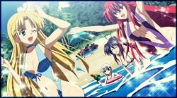 2boys 4girls akeno_himejima asia_argento beach bikini black_hair blonde_hair breasts high_school_dxd hyoudou_issei koneko_toujou official_art palm_tree playing red_hair rias_gremory sand screencap screenshot sling_bikini trees tropical tropical_background uncensored water white_hair