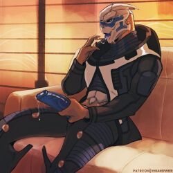 alien armor bioware blue_penis bodily_fluids clothed clothing electronic_arts erection furniture garrus_vakarian genital_fluids genitals humanoid looking_at_viewer male male_only mass_effect on_sofa penis precum saliva_astring sitting sitting_on_sofa sofa solo solo_male tongue tongue_out turian vhkansfweer