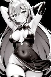 ai_generated armpits arms_behind_head black_and_white boob_window dress hololive hololive_english legwear nanashi_mumei solo thighs underwear virtual_youtuber yo_dayo_(ai)