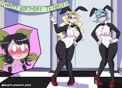 1futa 2girls abs aqua_eyes areolae beauty_mark birthday black_eyes black_hair blonde_hair blue_hair bowtie breasts bunny_ears bunny_girl bunny_tail bunnysuit burplenurpless chabashira_tenko chiebukuro_setsuka clothed clothing comic cuffs_(clothing) danganronpa danganronpa_another danganronpa_v3 duo_focus english_text eyeshadow fanganronpa female female_focus futanari green_eyes hair_ornament heels human large_breasts light-skinned_female light_skin long_hair magorobi_emma makeup medium_breasts medium_hair mostly_nude muscular_female nipples one_eye_closed purple_eyes pussy reverse_bunnysuit sdra2 short_hair small_nipples standing straight_hair super_danganronpa_another_2 text threesome watermark wavy_hair wink