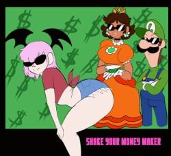 1boy 2girls animated ass big_ass biting_lip bottom_heavy bouncing_ass breasts brown_hair capcom clothing crossover daisy_dukes darkstalkers dollar_bills dress female glasses lemonadepikachu lilith_aensland luigi male mario_(series) money nintendo pink_hair princess_daisy shirt shorts succubus sunglasses thick_thighs tied_shirt tinted_eyewear twerking watching