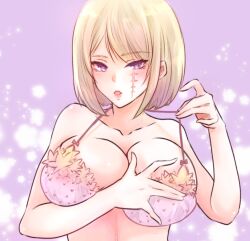 arm_under_breasts big_breasts blonde_hair bob_cut bra breast_lift breast_squish cleavage facial_scar female female_only gintama hair_down looking_at_viewer paleatus parted_lips pink_bra purple_background purple_eyes short_hair solo tsukuyo upper_body