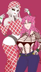 2girls big_breasts black_sclera cleavage diavolo epitaph_(jjba) female fishnet_shirt fishnets green_eyes hat humanoid jojo's_bizarre_adventure king_crimson pink_hair pose revealing_clothes rule_63 simple_background stand_(jjba) vento_aureo white_body white_hair white_skin wide_hips