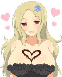 1girls beauty_mark blonde_hair chocolate chocolate_on_breasts cleavage collarbone dress female flower flower_in_hair front_view hairclip half-closed_eyes heart huge_breasts ichiryuu_tsumiki light-skinned_female light_skin looking_at_viewer open_mouth red_eyes rose_(flower) senran_kagura shiki_(senran_kagura) simple_background solo standing very_long_hair