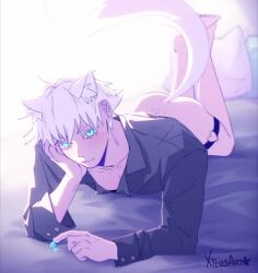 1boy 2020s 2022 2d animated bishonen blue_eyes cat_ears cat_tail catboy eyebrows_visible_through_hair half-closed_eyes jujutsu_kaisen male male_only pale-skinned_male pink_background satoru_gojo seductive seductive_look short_playtime simple_background soles thighs toes video xtlusultx