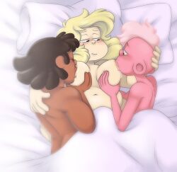 1boy 2girls bed bedroom big_breasts blonde_hair breast_sucking brown_hair cartoon_network chubby chubby_female colored cuddling dark_skin digital_media_(artwork) in_bed lars_barriga light-skinned_female light_skin missgreeney nose_ring off_colors_(steven_universe) pink_hair pink_skin polyamory romantic sadie_miller shep_(steven_universe) steven_universe steven_universe_future threesome uncensored wholesome