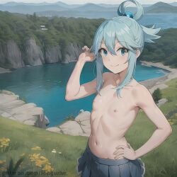 1girls ai_generated anime aqua_(konosuba) blue_eyes blue_hair breasts female female_only flat_chest flat_chested kono_subarashii_sekai_ni_shukufuku_wo! manga sangushe skirt small_breasts solo