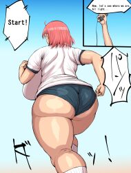 1girls ahoge ass athletic_female bloomers breasts buruma clothed_female clothing english english_text english_translation female from_behind from_behind_position gigantic_breasts gym_bottomwear gym_uniform hair_ornament hips huge_ass legs light-skinned_female momoka_(ponkotsuu) original original_character pink_eyes pink_hair plump ponkotsuu running shiny_hair shiny_skin socks speech_bubble thick_body thick_legs thick_thighs thighs track_and_field venus_body wide_hips