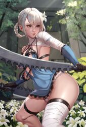 1futa big_breasts blonde_hair breasts bulge canon_futanari canon_intersex clothed clothing exlic flaccid futa_only futanari human intersex kaine_(nier) large_breasts light-skinned_futanari light_skin mostly_clothed nier nier_replicant pale_skin short_hair solo standing thick_thighs thighhighs