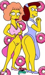 2020s 2022 2girls artist_logo artist_name brown_hair cocosashax colored commission digital_media doughnut dress_lift exhibitionism exposed_ass exposed_pussy female female_only heels hi_res high_heels maude_flanders milf ms._albright ms._albright_(the_simpsons) multiple_girls nipples_visible_through_clothing pubic_hair simple_background skirt_lift teasing teasing_viewer the_simpsons twitter_username uncensored yellow_skin