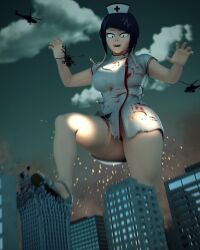 1girls 3d 3d_(artwork) blood building_destruction city clouds destruction excited giantess helicopter kamicamie kyoka_jiro macro military my_hero_academia night nurse nurse_outfit nurse_uniform shounen_jump stomp stomping tagme torn_clothes