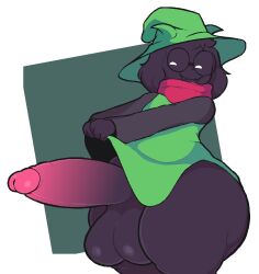 1boy analog_worm anthro balls big_ass big_balls big_penis black_fur deltarune erection femboy glasses goat green_clothing hat horns huge_ass huge_balls huge_cock male male_only penis ralsei scarf shirt_lift solo thick_thighs