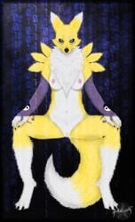 aethelwulf animal_humanoid anthro bandai_namco breasts canid canid_humanoid canine canine_humanoid digimon digimon_(species) digital_drawing_(artwork) digital_media_(artwork) digitigrade female fox_humanoid genitals hi_res humanoid mammal mammal_humanoid paws pinup pose pussy renamon sitting solo tuft wings