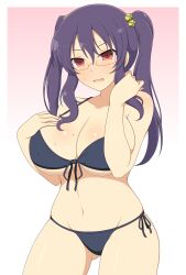 1girls accurate_art_style ass_visible_through_thighs beauty_mark bikini female front-tie_bikini glasses gradient_background hair_ornament huge_breasts ichiryuu_tsumiki light-skinned_female light_skin long_hair looking_at_viewer open_mouth purple_hair red_eyes rin_(senran_kagura) senran_kagura sidelocks simple_background solo standing suzune_(senran_kagura) twintails