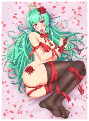 1girls arms_tied ass ass_focus bare_shoulders big_ass big_butt bondage bowtie butt butt_focus cleavage condom_in_mouth exposed_shoulders finana_ryugu fish_girl green_hair hair_ornament hands_tied head_fins heart legs_tied legs_together legwear looking_at_viewer medium_breasts mizmillificent mostly_nude nijisanji nijisanji_en object_between_breasts object_between_hands object_in_mouth purple_eyes round_ass round_butt solo solo_female solo_focus stockings thigh_squish thighhighs tiara tied_arms tied_hands tied_legs tied_up virtual_youtuber