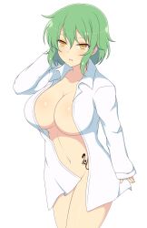 1girls coat collarbone convenient_censoring expressionless female green_hair hikage_(senran_kagura) huge_breasts ichiryuu_tsumiki light-skinned_female light_skin long_sleeves looking_at_viewer medium_hair midriff navel senran_kagura shirt_only simple_background slit_pupils solo standing tattoo white_background yellow_eyes