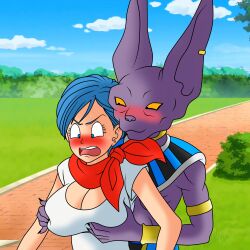 1boy 1girls 2023 anthro anthro_on_human beerus blue_eyes blue_hair blush breast_grab breast_squeeze breasts bulma_briefs clothing dragon_ball dragon_ball_super embarrassed female furry highres large_breasts male no_sex open_mouth scarf setthh98 short_hair straight