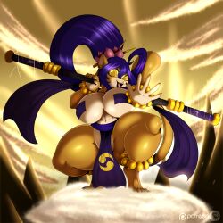 1girls 2020s 2023 anthro breasts cloud dia_(suirano) female female_only furry glowing_eyes huge_breasts long_hair looking_at_viewer monkey original robes solo spread_legs squatting staff suirano thick_thighs