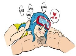 1boy 1girls 69 69_position all_the_way_to_the_base aqua_hair ass balls_deep blowjob blue_eyes blue_hair blush breasts cheek_bulge colored deepthroat dragon_ball dragon_ball_z fellatio female fringe funsexydragonball goggles goggles_on_head googles heart krillin kuririn long_hair looking_at_viewer lying male maron monochrome mouthful no_gag_reflex one-piece_swimsuit oral penis petite pleasure_face seductive_eyes simple_background spoken_heart straight swallowing_penis_while_deepthroat swimsuit testicles white_background wink