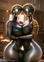 2girls ai_generated athletic_female atomic_heart big_breasts blonde_hair curvaceous female female_only hug left_(atomic_heart) right_(atomic_heart) robot robot_girl sisters soviet squeezing_breast the_twins_(atomic_heart) thick_thighs twins winterzone yuri