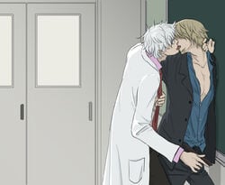 2boys assisted_exposure brown_hair class_3-z classroom facial_hair french_kiss gay gb_(doubleleaf) gintama gintoki_sakata glasses goatee hattori_zenzou kissing labcoat light_brown_hair male male_only necktie_grab necktie_pull official_alternate_costume open_shirt suit tagme teacher teachers unbuckled_belt undressing_another white_hair yaoi