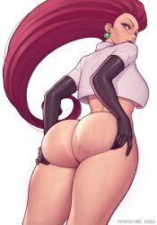 1girls alternate_version_available armwear ass asura_(artist) bottomless bubble_ass bubble_butt casual curvaceous dat_ass duplicate female female_only gloves human human_only jessie_(pokemon) pale_skin pink_hair pokemon presenting_ass presenting_hindquarters solo sweat sweaty_butt