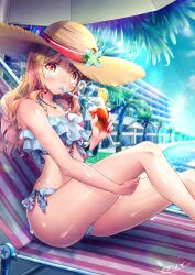 1boy ass big_ass blonde_hair blush drinking femboy heart_straw hi_res juice lemon looking_at_viewer male natsusora_wakana nobady original original_character panties shiny_skin straw straw_hat sweat swimsuit tagme