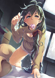 blush bottomless breasts cleavage cleavage_cutout condom condom_in_mouth cum female ganaha_hibiki green_eyes green_hair idolmaster long_hair looking_at_viewer mouth_hold naughty_face open-chest_sweater ponytail pussy_juice soine solo sweater tied_hair turtleneck used_condom