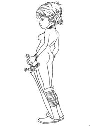 arthur_and_the_invisibles breasts female female_only holding_sword monochrome mostly_nude pointy_ears princess_selenia side_view solo standing tagme