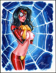 1girls 2010 areolae avengers black_hair breasts clothing female female_only human jessica_drew joe_pekar marvel mask pale_skin partially_clothed side_view solo spider-man_(series) spider-woman standing tagme