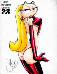 2010 areola artist_signature ass blonde_hair blue_eyes breasts cartoon_network colored dee_dee_(dexter's_laboratory) dexter's_laboratory erect_nipples female female_only gloves hoop_earrings human hyper_eyes king-cheetah long_hair looking_at_viewer nipples nudity partially_clothed shon_howell solo suggestive_look thighhighs