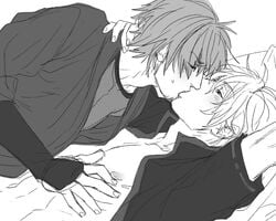 2boys gay gintama gintoki_sakata hand_on_chest hattori_zenzou kissing male male_only shirt_open tagme yaoi