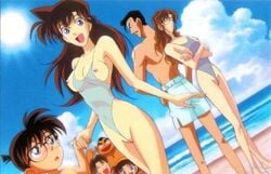 3girls ayumi_yoshida beach blue_eyes breasts brown_hair conan_edogawa detective_conan eri_kisaki female g-string genta_kojima glasses kogoro_mouri large_breasts light-skinned_female light_skin long_hair male mature milf mitsuhiko_tsuburaya mother mother_and_daughter nipples one-piece_swimsuit pointy_chin purple_eyes ran_mouri short_hair tied_hair