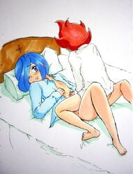 2boys artist_request bed blue_eyes blue_hair blush bottomless chili clothes color cress_(pokemon) hair human implied_anal implied_sex male male_only multiple_males pokemon red_hair sex straddling tagme yaoi