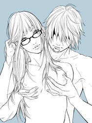 1boy 1girls breast_grab breast_hold facial_hair female gintama glasses goatee groping groping_breasts groping_from_behind hair_over_eyes hattori_zenzou long_hair male medium_breasts mole_under_eye monochrome nude sarutobi_ayame upper_body