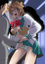 1girls bra breasts brown_hair clothing female fingering full_metal_panic human inaba_mizuki light-skinned_female light_skin male nipples panties plumeria school_uniform short_hair skirt tagme