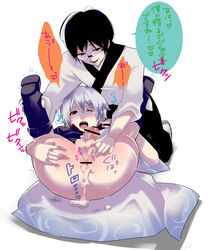 2boys after_anal after_sex bar_censor black_hair boots cum_in_ass cum_inside dixsept feet_up gay gintama gintoki_sakata glasses japanese_clothes leaking_cum male male_only on_back one_eye_closed penis shimura_shinpachi silver_hair tears yaoi