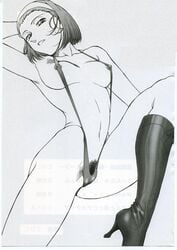 1girls black_and_white boots breasts detective_conan female hairband high_heel_boots human large_breasts looking_at_viewer navel nipples pubic_hair short_hair sling_bikini solo sonoko_suzuki swimsuit thick_thighs wide_hips zol