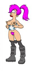 boots breasts cyclops dennis_clark female female_only futurama nipples pale_skin pants pants_down pubic_hair purple_hair solo standing tagme toony turanga_leela