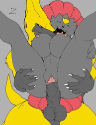 anthro breasts color female front_view fur furry grey_fur insertion interspecies male manectric nipples nude penis pokemon sex straight tagme vulva weavile yellow_fur zabraxas