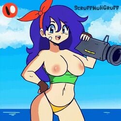 1girls animated big_breasts blue_eyes blue_hair bouncing_breasts breasts cleavage cute dragon_ball female female_only good_launch green_topwear gun large_breasts launch looking_at_viewer orange_underwear red_ribbon rocket_launcher scruffmuhgruff shounen_jump smiling smoke solo topless