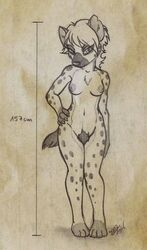 1girls anthro breasts female hand_on_hip height_chart hyena hyenakay looking_at_viewer monochrome nude pubic_hair pubic_tuft short_tail sketch solo standing tail