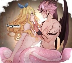 1boy 1girls blonde_hair cogamori duo fairy_tail female lamia lucy_heartfilia male monster_girl muscular muscular_male naga natsu_dragneel pink_hair pink_tail scales snake_girl yellow_eyes