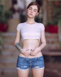 1girls 3d arm_tattoo bare_arms bare_legs bare_midriff bare_thighs blue_nail_polish brown_hair closed_eyes clothed clothed_female ellie_(the_last_of_us) ellie_williams female female_focus female_only freckled_skin freckles freckles_on_face fully_clothed jean_shorts midriff nail_polish naughty_dog nina3dx painted_nails shirt short_hair shorts small_breasts solo solo_female solo_focus sony_interactive_entertainment tattoo tattoo_on_arm tattooed_arm the_last_of_us the_last_of_us_2 tied_hair toned toned_female toned_stomach