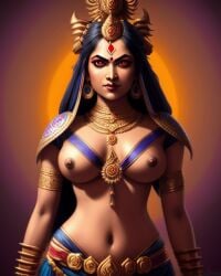 1girls ai_generated big_lips breasts earrings female indian_clothes jewelry kali midriff milf red_eyes red_lips