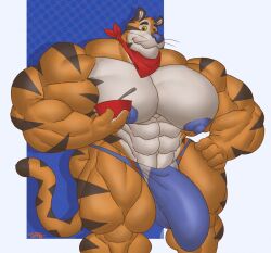 2022 abs anthro areola bandana biceps big_bulge big_muscles biped bowl bulge clothing container cutlery digital_media_(artwork) felid flaccid frosted_flakes gab_art genitals half-erect huge_bulge huge_muscles hyper hyper_muscles kellogg's kerchief kitchen_utensils male male_only mammal mascot mostly_nude muscular navel nipples pantherine pecs penis quads simple_background smile solo spoon thick_thighs tiger tony_the_tiger tools triceps underwear wide_hips