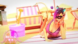 1girls 3d beach beach_chair beach_towel bikini bikini_bottom bikini_top black_cat_sombra blizzard_entertainment bucket cat_ears cat_tail deesee3d feet feet_together feet_up female female_focus female_only footjob latina laying_on_ground laying_on_stomach matching_hair/eyes nude nude_female overwatch overwatch_2 purple_eyes purple_hair sand sombra tail tongue tongue_out