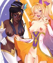 2girls blonde_hair braided_hair dark-skinned_female hair_ornament league_of_legends league_of_legends:_wild_rift light-skinned_female multiple_girls riot_games rururuna_san senna_(league_of_legends) seraphine_(league_of_legends) star_guardian_senna star_guardian_seraphine star_guardian_series topless wide_hips